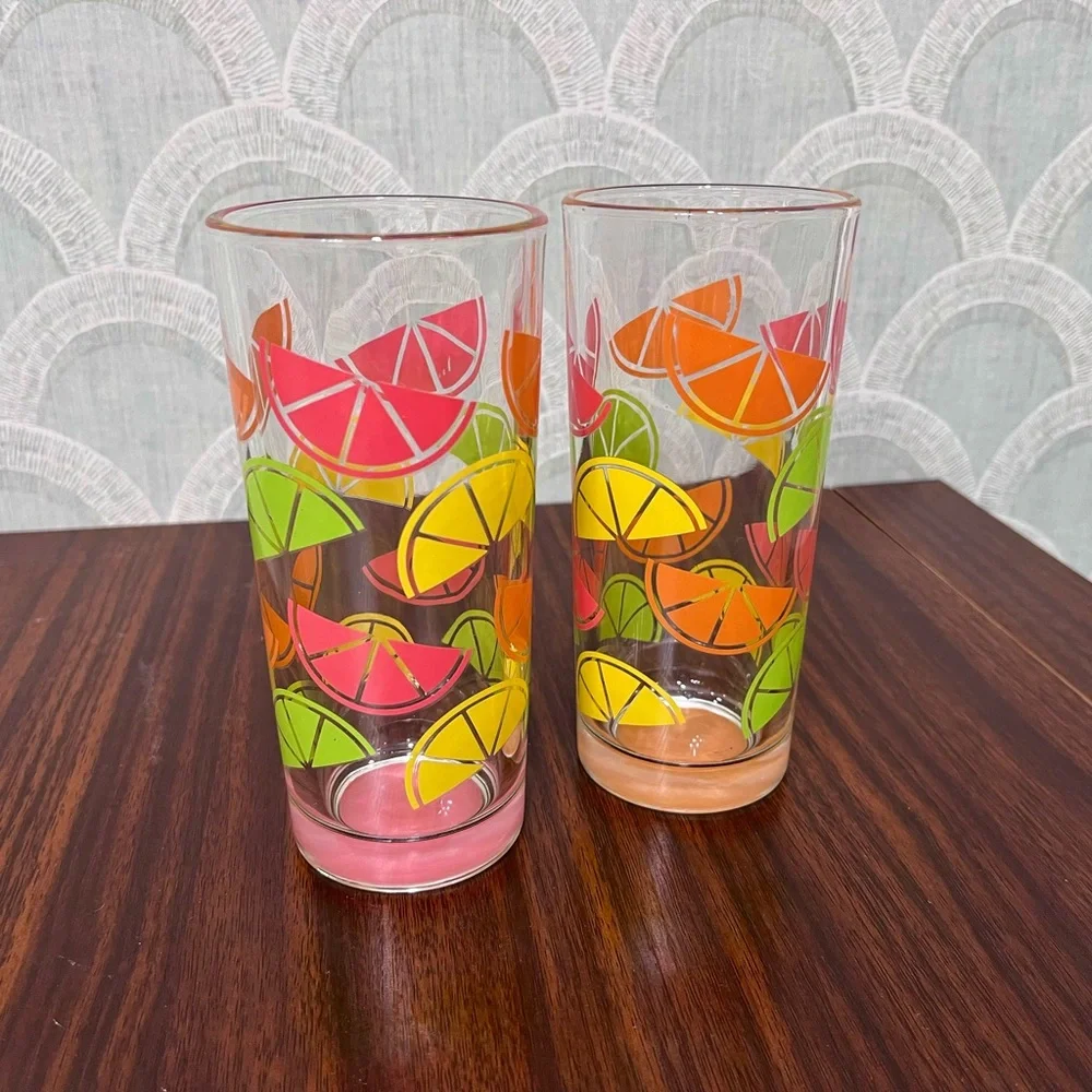 Set of (2) TMD Holdings Citrus Fruit Slice Highball Glasses 🍊🍋‍🟩🍋‎